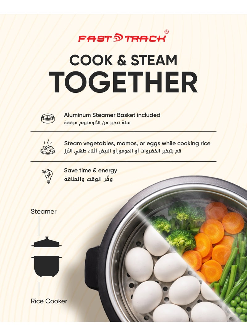 فاست تراك طباخة أرز 3 في 1 بسعة 1.8 لتر مع سلة تبخير، قدر داخلي غير لاصق، وظائف الطهي والتبخير والحفاظ على السخونة، تشغيل بلمسة واحدة، 700 واط – RC-1801BK - Image 4